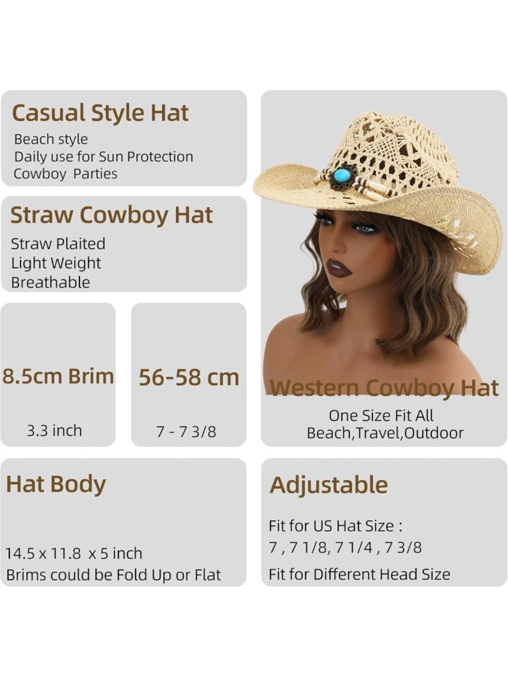 Men's Beige-m Straw Adjustable Wide Brim Sun Beach Western Cowgirl Cowboy Hat - Picture 5 of 6